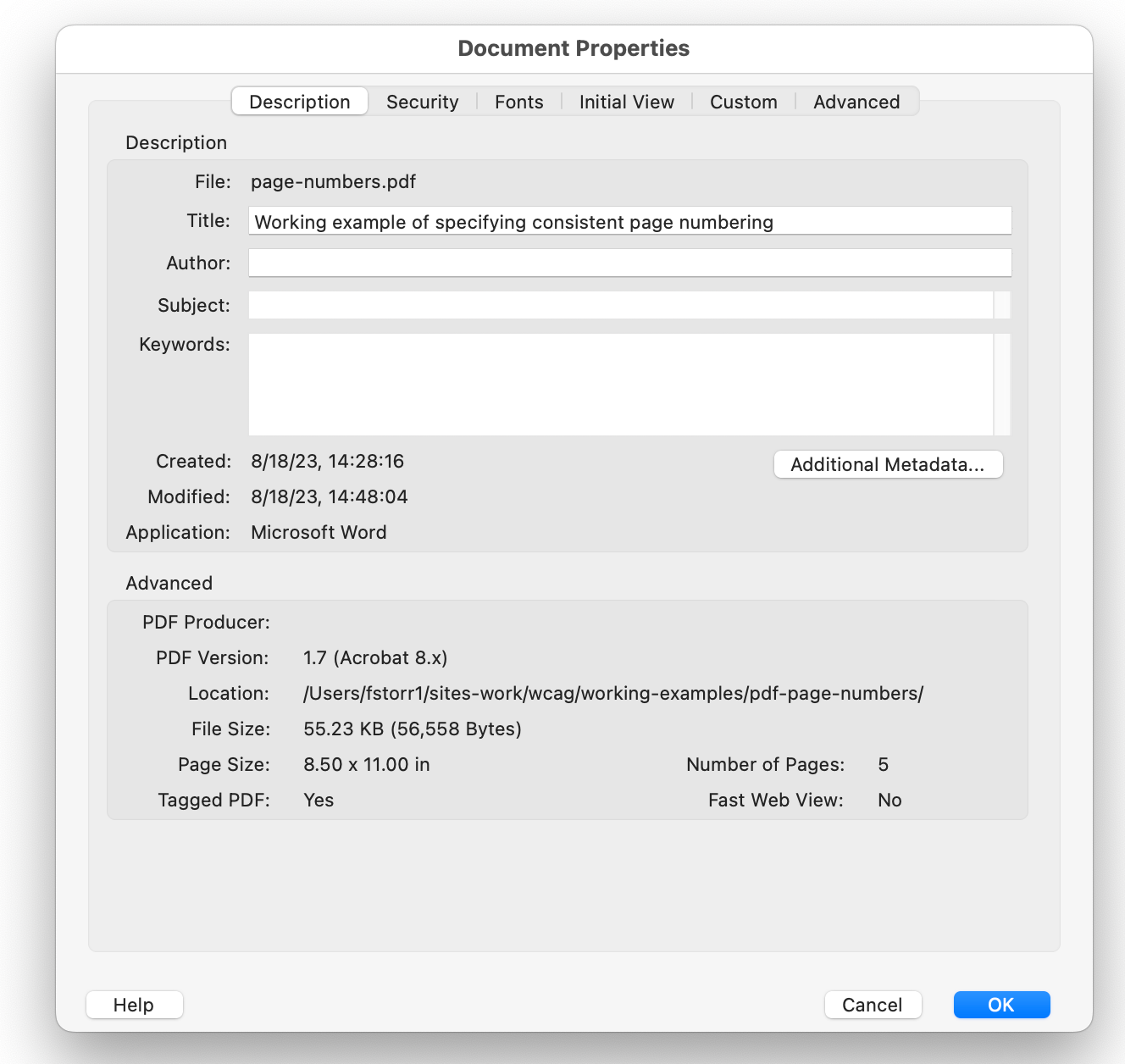 Viewing the Title field in the Description tab of the Properties dialog. The document title is entered in the field.