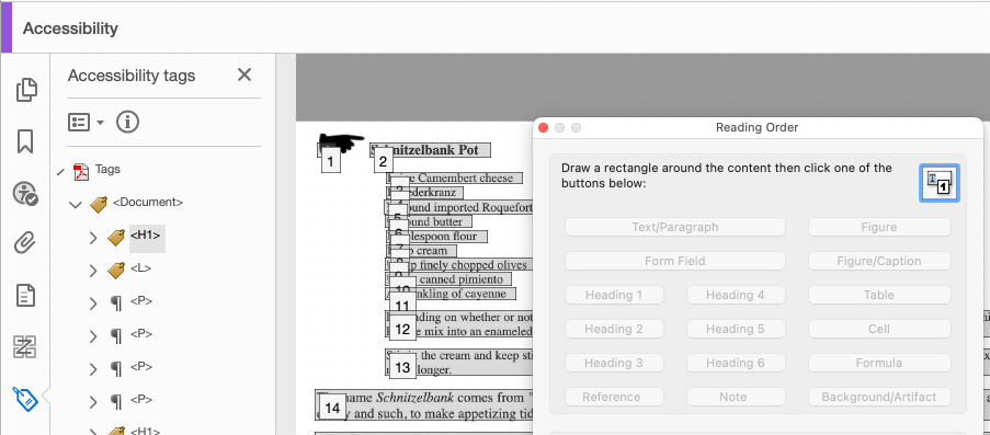 A tagged converted page in Acrobat Pro showing a cheese recipe. The name of the recipe is a first level header, and the ingredients are a list.